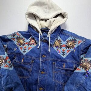 GreatLand Denim Jacket With Wolf Embroidery And‎ Tribal Accents Women's Size L